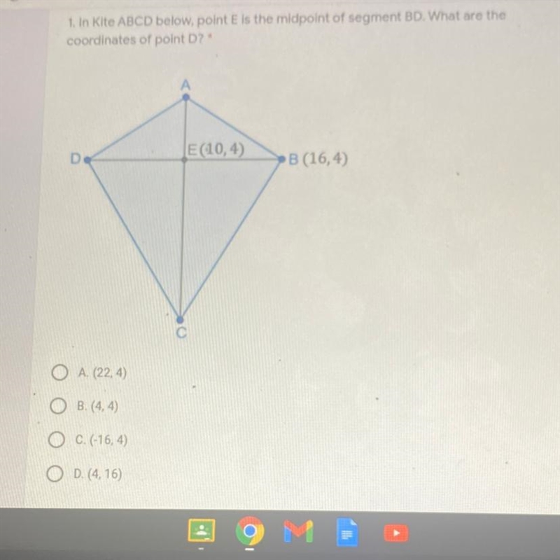 1. In Kite ABCD below, point E is the midpoint of segment BD. What are the coordinates-example-1