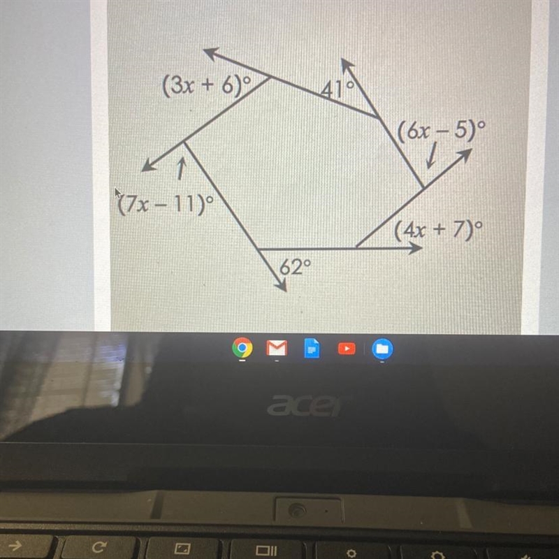 Find the value of x 3x+6 41 6x-5 4x+7 62 7x-11-example-1