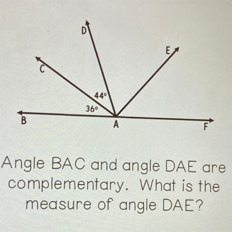 440 36° B A F Angle BAC and angle DAE are complementary. What is the measure of angle-example-1