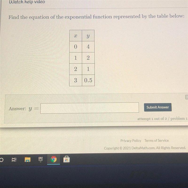 Find the equation of the exponential function represented by the table below.-example-1