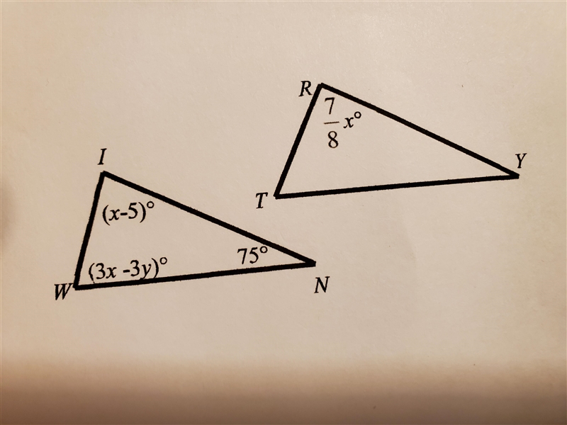 Given: triangle WIN is similar to triangle TRY Solve for x and y-example-1