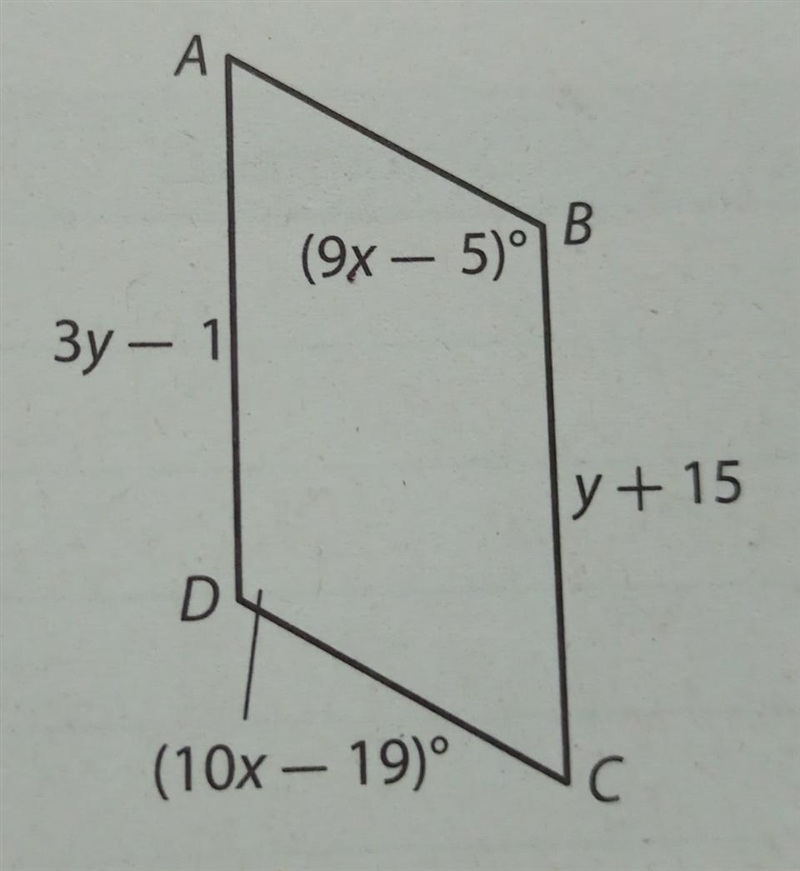 ABCD is a parallelogram. Find each measure. 1- m<B 2- AD​-example-1