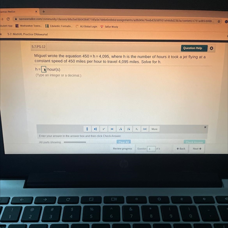 Miguel wrote the equation 450 h = 4,095, where h is the number of hours it took a-example-1