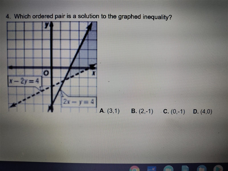 Which ordered pair is a solution to the graphed inequality?-example-1