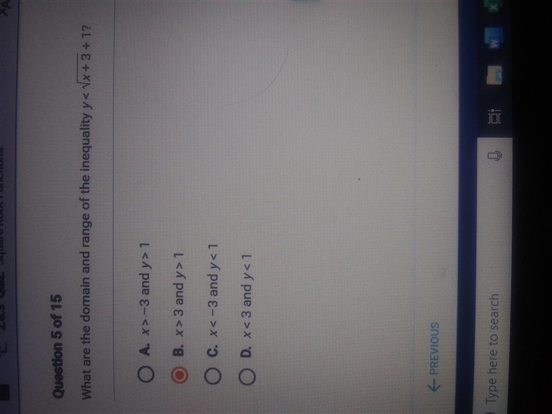 What are the domain and range of the inequality y < sqrt x+3+1 I don't get it I-example-1