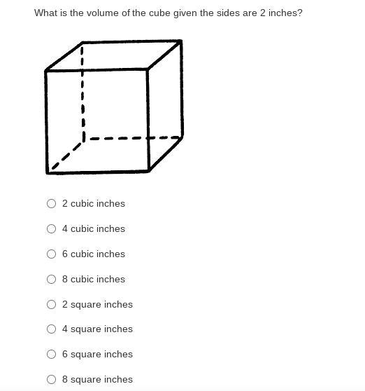 What is the volume of the cube given the sides are 2 inches?-example-1