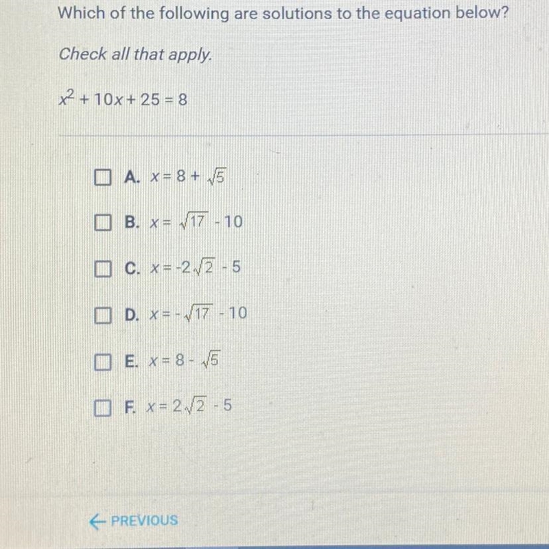 Which of the following are solutions to the equation below? Check all that apply. x-example-1