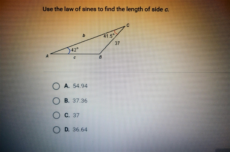 Use the law of cosines to find the length of side C.-example-1