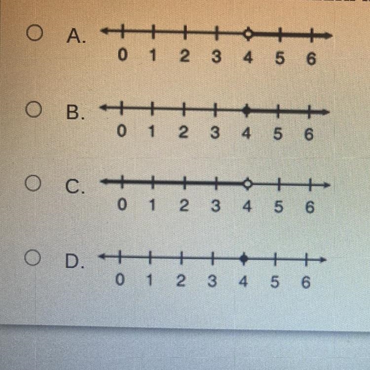 Which number line shows the solution to the inequality n > 4?-example-1