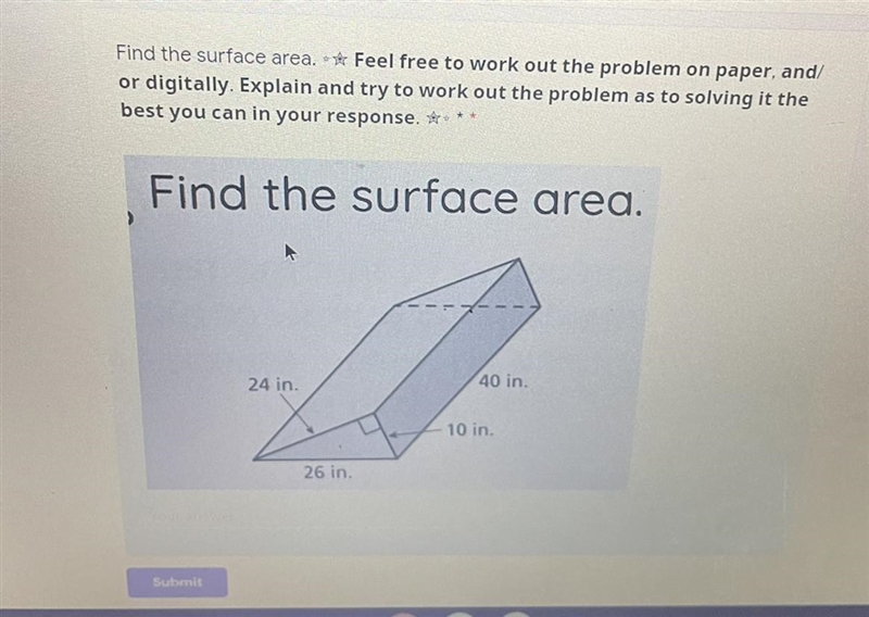 Find the surface area. 24 in. 40 in. 10 in. 26 in.-example-1