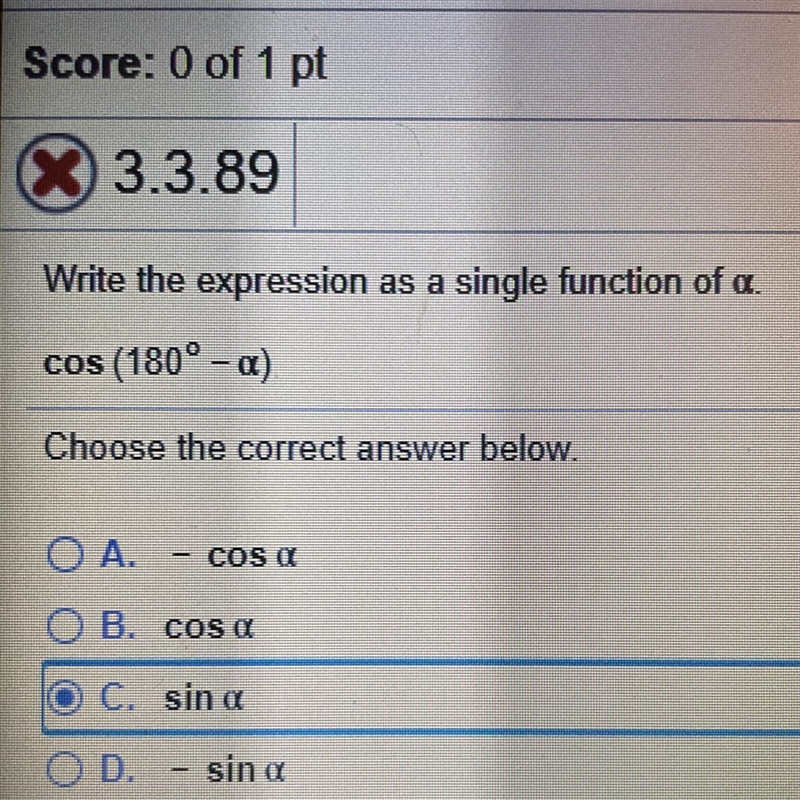 Write the expression as a single function of alpha. cos(180°-alpha)-example-1