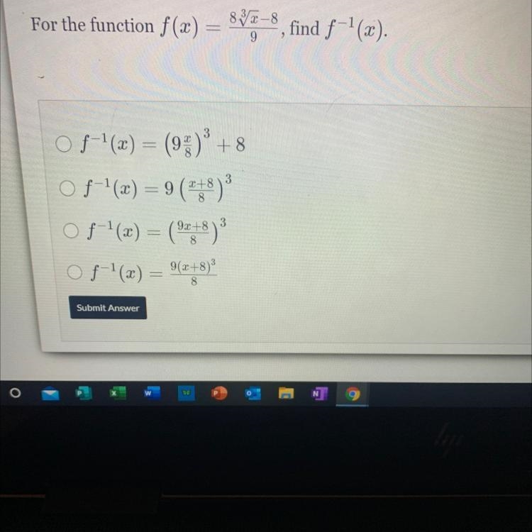 For the function f(x) 8 Vas - 8. find / -'(X). 9 +8 of-'() = (9) O/(x) = 9(+8) O!'(x-example-1