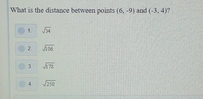 HELP! What is the distance between points (6, -9) and (-3, 4)?​-example-1