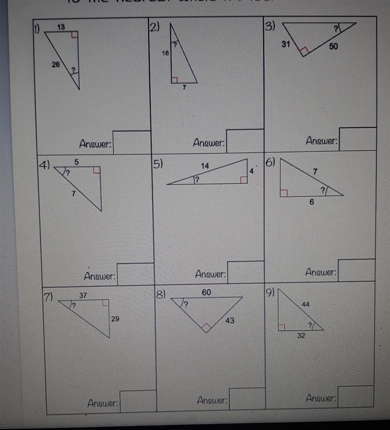 finding angle measures with trig. Find the missing angle measures. Round to the nearest-example-1