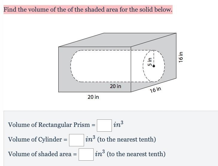 Find the volume of the of the shaded area for the solid below.-example-1