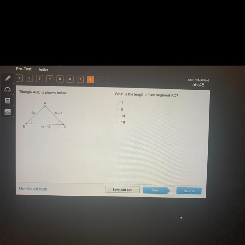 Triangle ABC is shown below. What is the length of line segment AC? 7 DS 9 2x 3x - 7 O-example-1