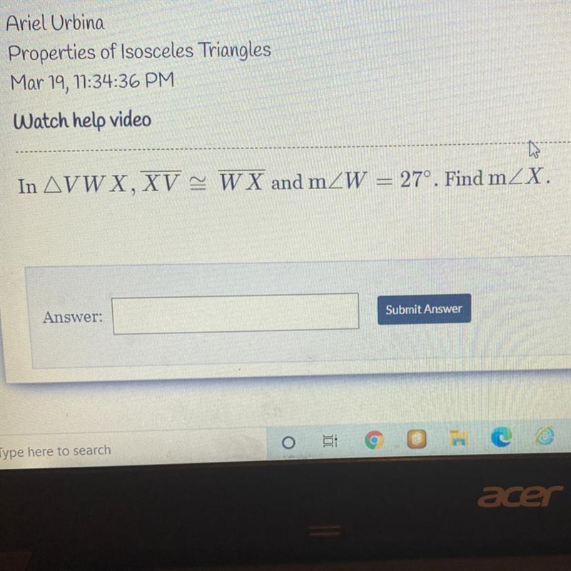 In AVWX, XV - W X and mZW = 27°. Find mZX.-example-1