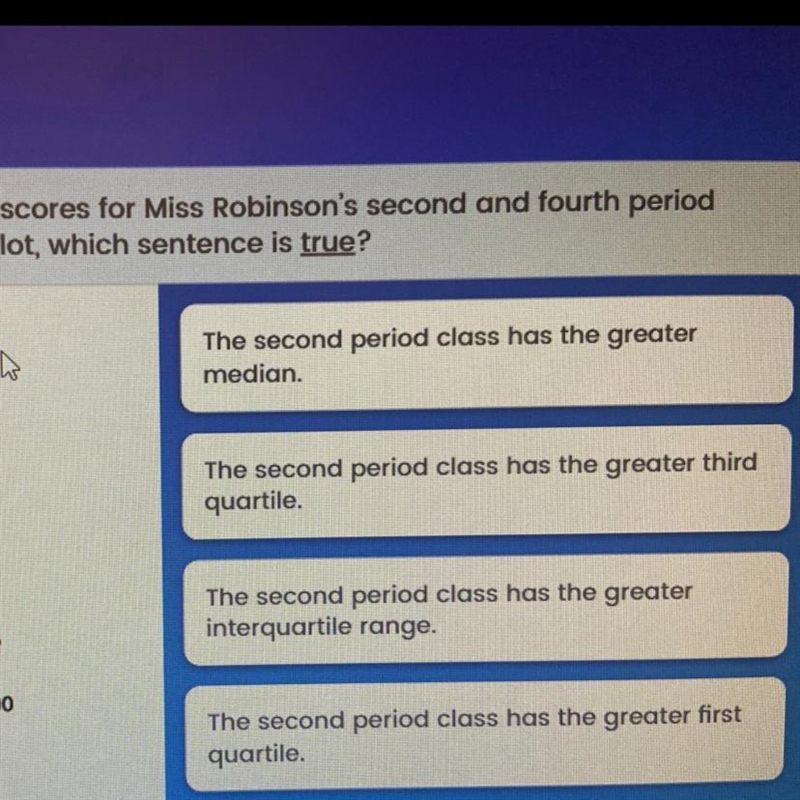 The double box plot shows the test scores for Miss Robinson's second and fourth period-example-1