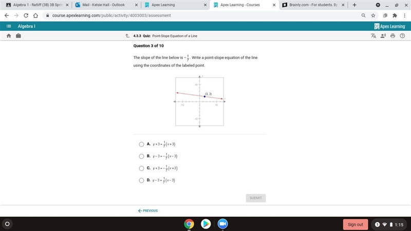 The slope below the line is -1/7. Write a point-slope equation of the line using the-example-1