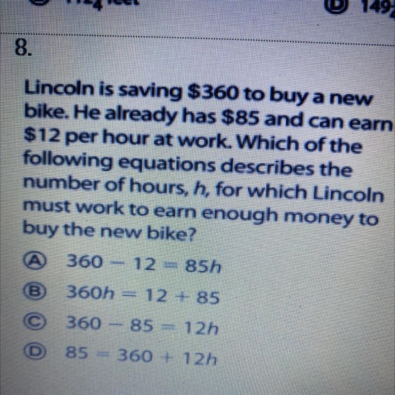 Lincoln is saving $360 to buy a new bike. he already has $85 and can earn $12 per-example-1