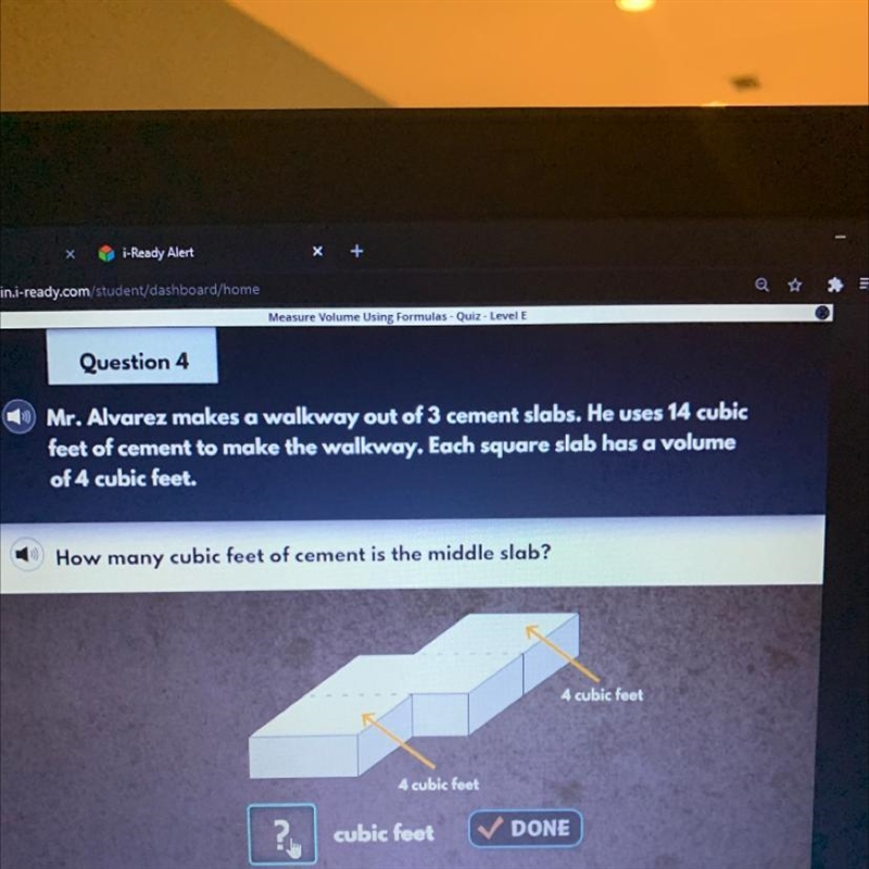 Out of 3 Mr. Alvarez makes a walkway cement slabs. He uses 14 cubic feet of cement-example-1