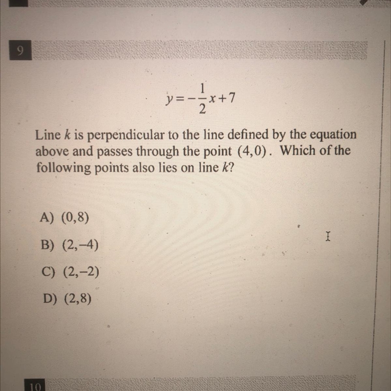 Y=-1/2x +7 Line k is perpendicular to the line defined by the equation above and passes-example-1