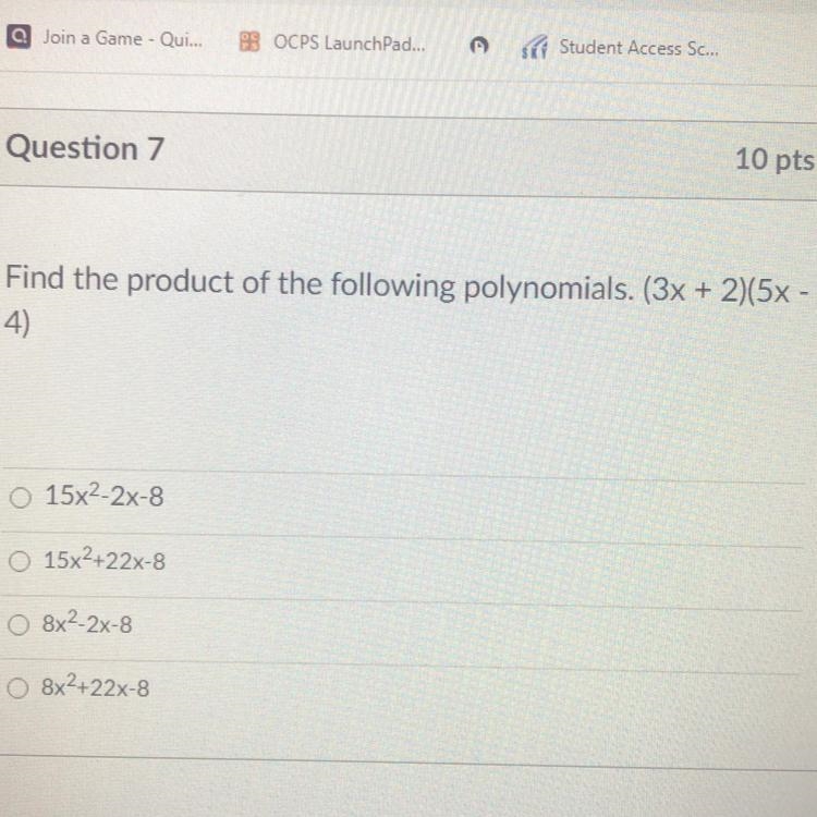 Find the product of the following polynomials. (3x+2)(5x-4)-example-1