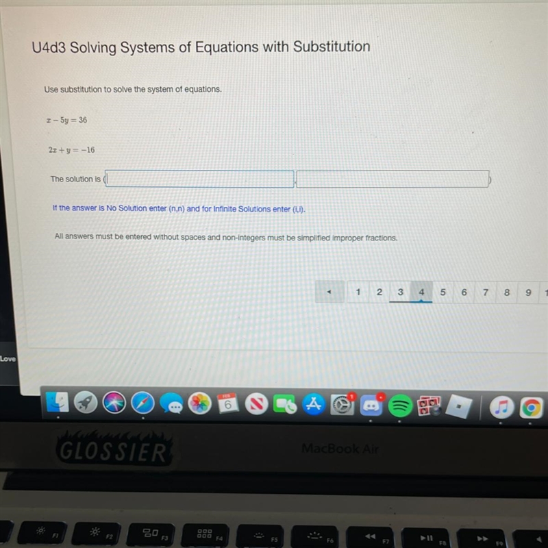 Use substitution to solve the system of equations. 3 - 5y = 36 22 + y = -16-example-1