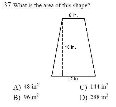 Find the area: (A) 48 (B) 96 (C) 144 (D) 288-example-1