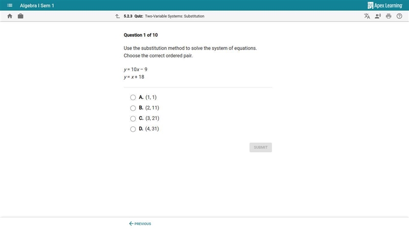 Use the substitution method to solve the system of equations. choose the correct ordered-example-1