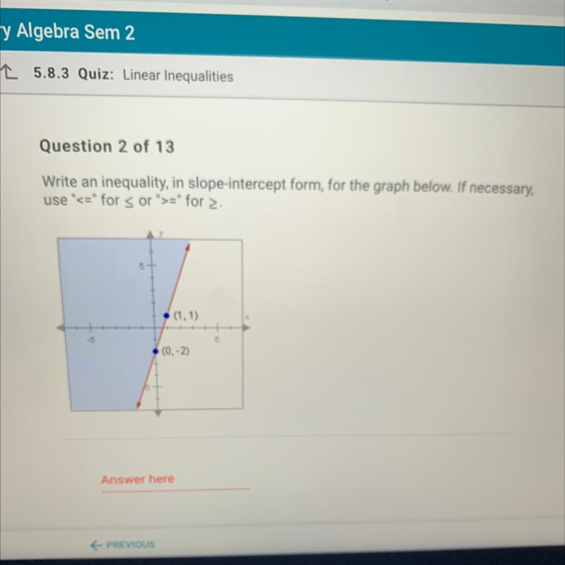 Write an inequality, in slope-intercept form, for the graph below. If necessary, use-example-1