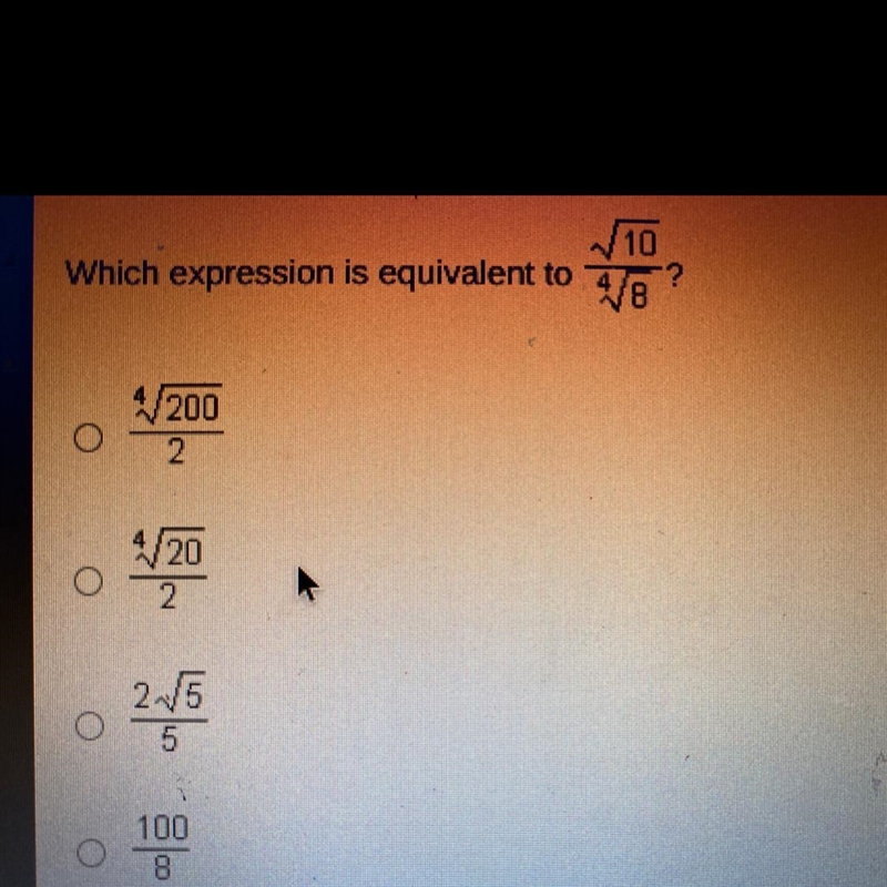 Which expression is equivalent to sqrt10/4sqrt8-example-1