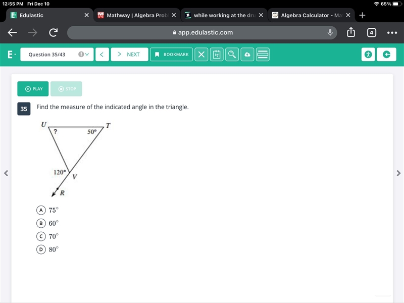 Find the measure of the indicated angle in the triangle. ​-example-1