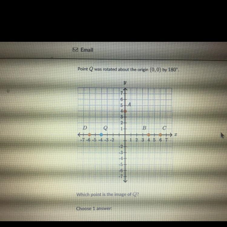 Point Q was rotated about the origin (0,0) by 180°. y D Q 21 6+ sta 4 3+ 2+ 1+ B C-example-1