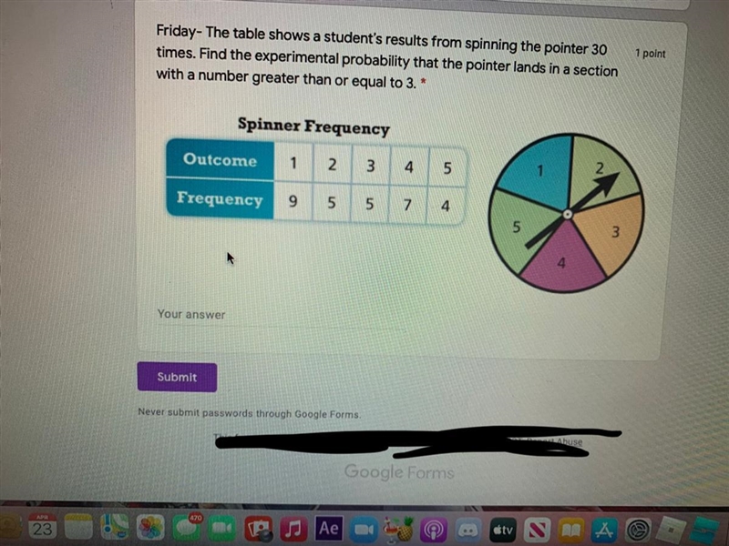 The table shows a students results from spinning the pointer 30 times. Find the experimental-example-1