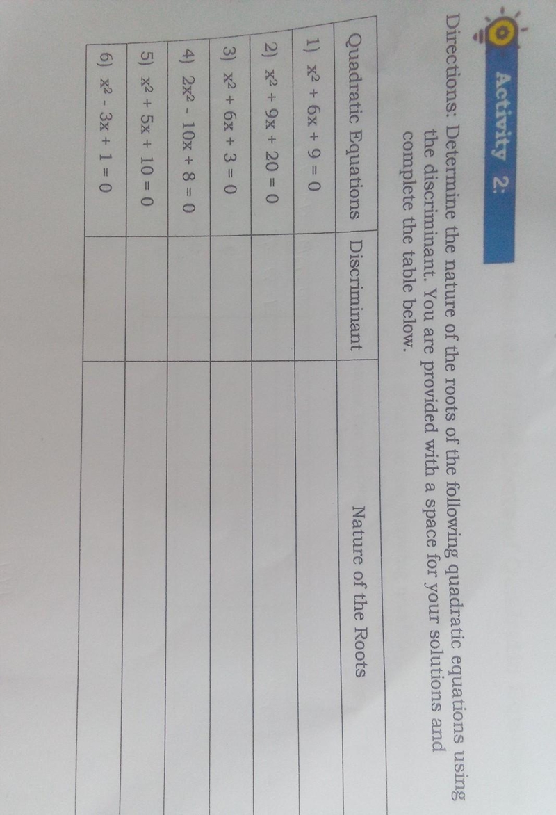 Activity 2: Directions: Determine the nature of the roots of the following quadratic-example-1