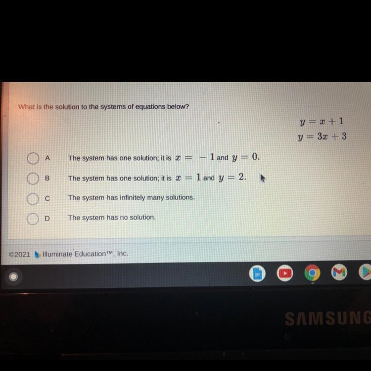 What is the solution to the systems of equations below? y = x + 1 y = 3x + 3 plz give-example-1