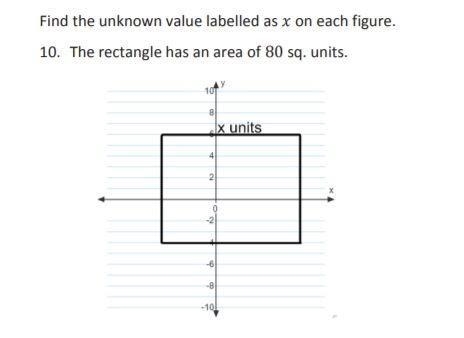 Find the unknown value labelled as x on each figure. 10. the rectangle has an area-example-1