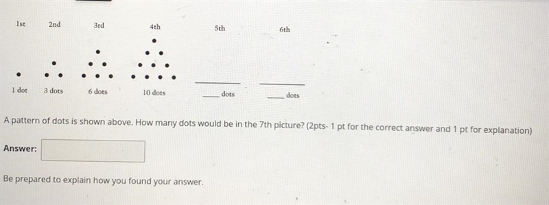 A pattern of dots is shown above. How many dots would be in the 7th picture ?-example-1