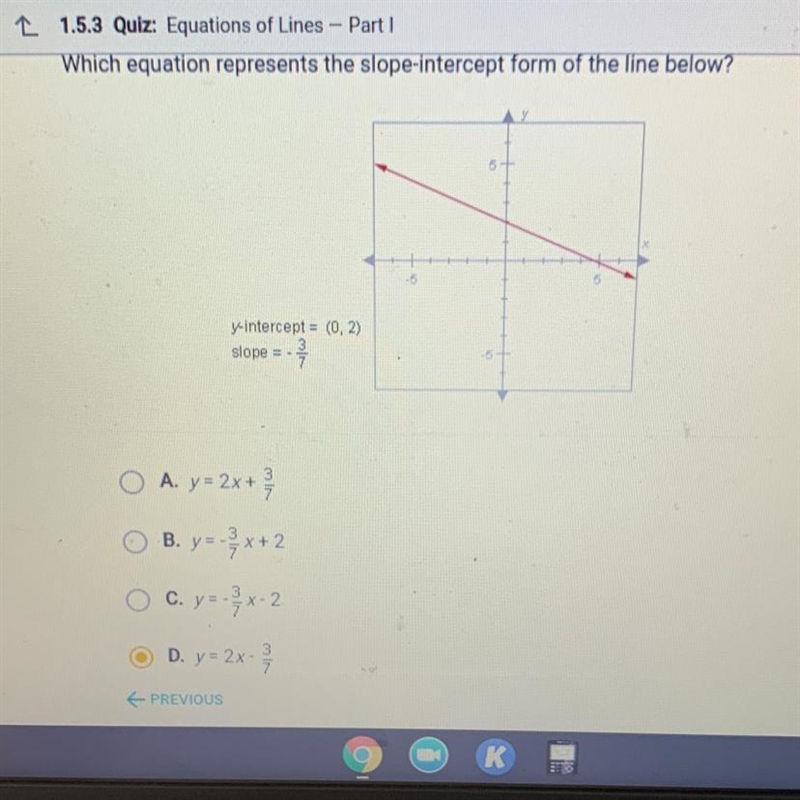 Which equation represents the slope intercept form of the line below? Please help-example-1