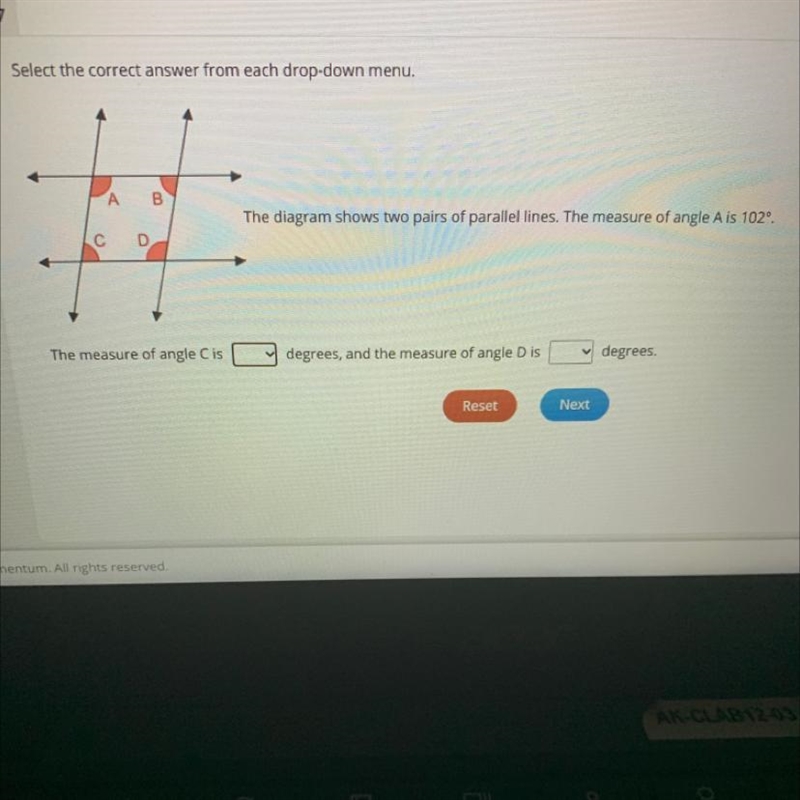 The measure of angle C __is degrees, and the measure of angle D__ is degrees.-example-1