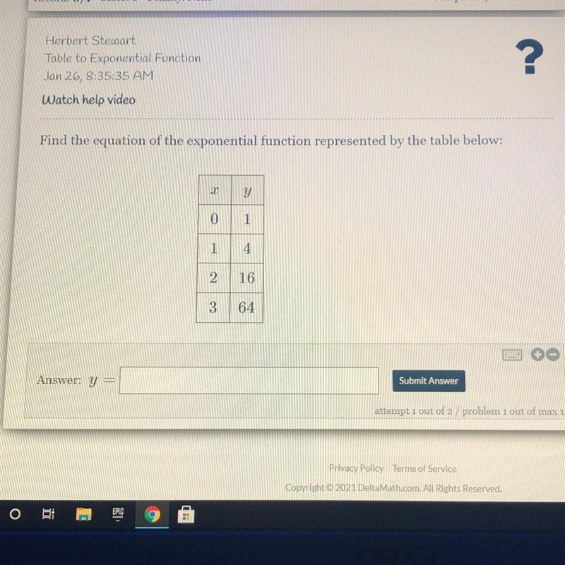 Find the equation of the exponential function represented by the table below-example-1