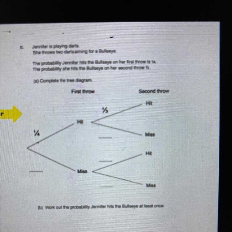 (b) Work out the probability Jennifer hits the Bullseye at least once. Can someone-example-1