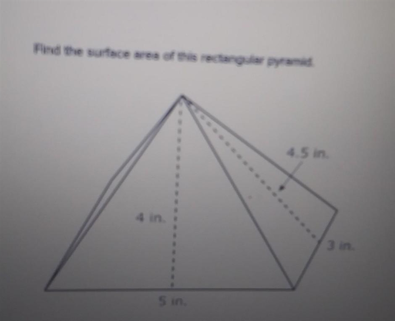 Find the surface area of this rectangular pyramid. 4.5 in 3 in 4 in 5 in​-example-1