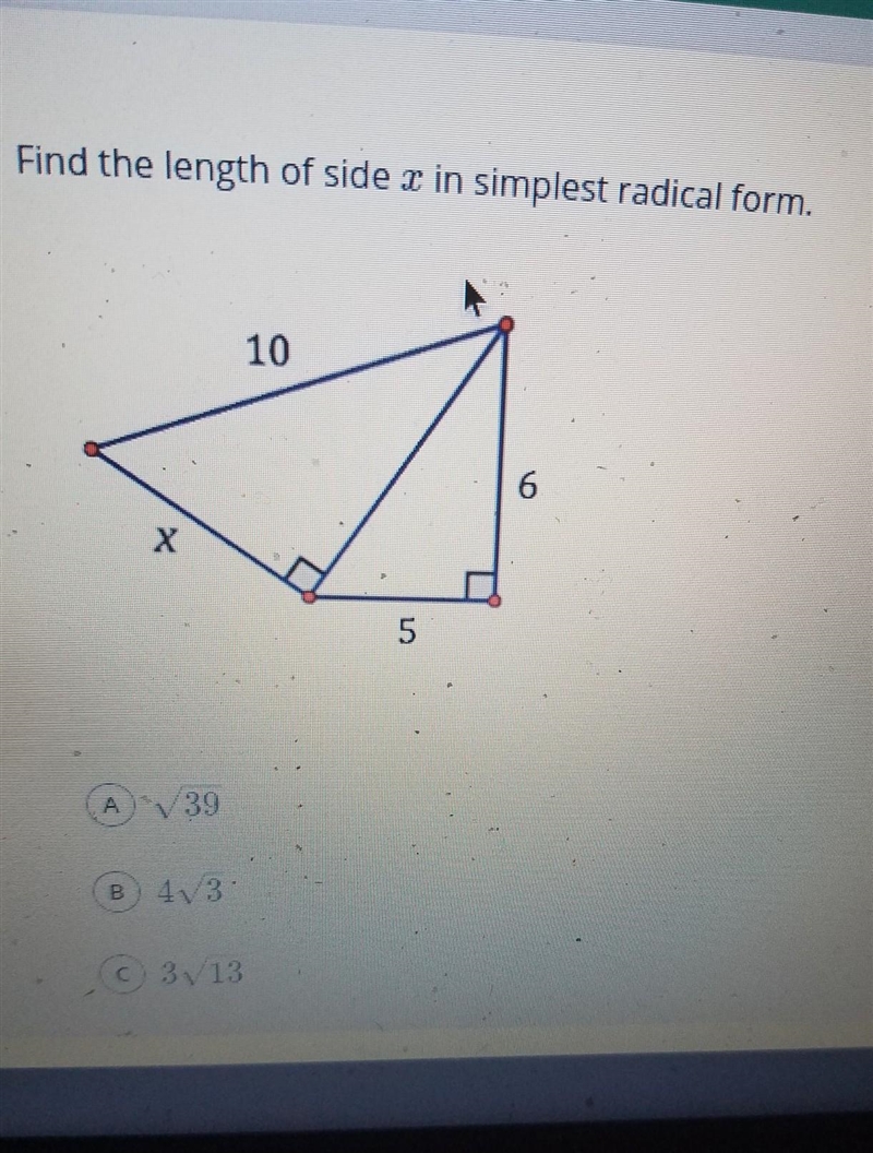 Find the length of side x I simplest radical form​-example-1