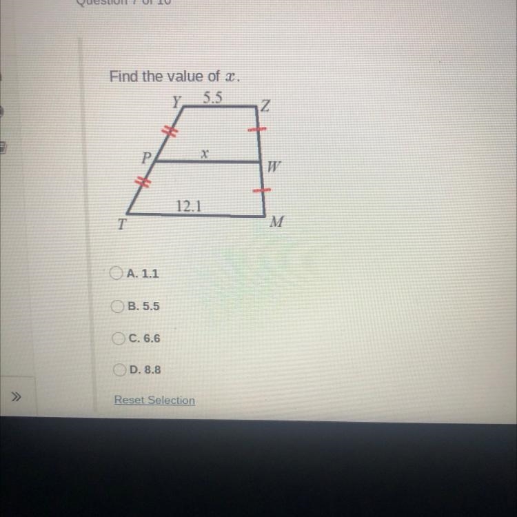 Find the value of x. a) 1.1 b) 5.5 c) 6.6 d) 8.8-example-1