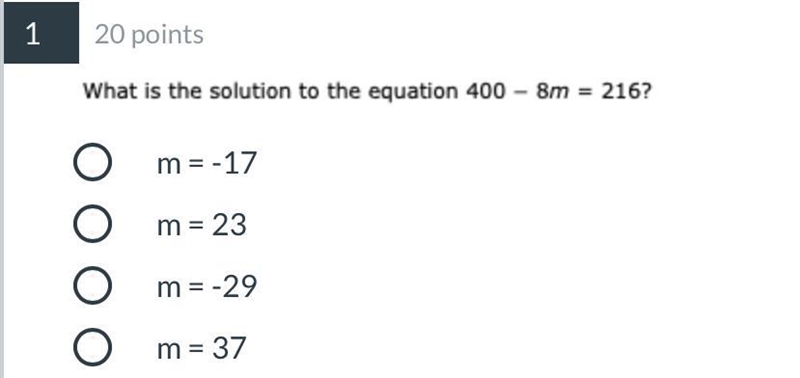 What is the solution to the equation 400 - 8m =216-example-1