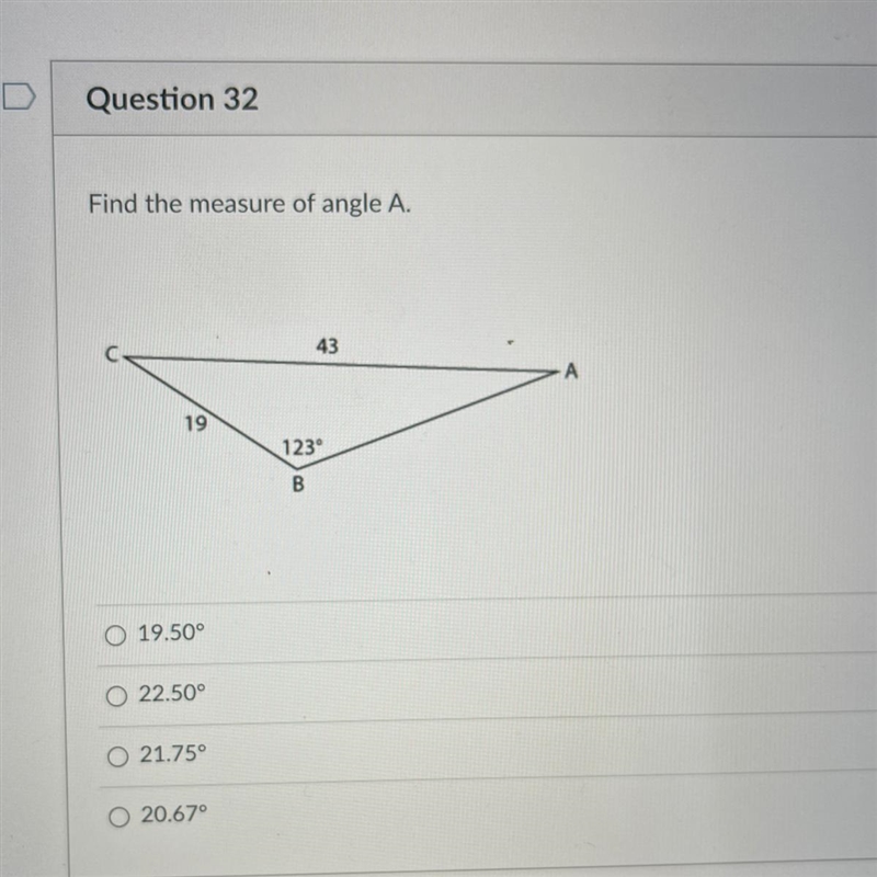 Find the measure of angle A.-example-1