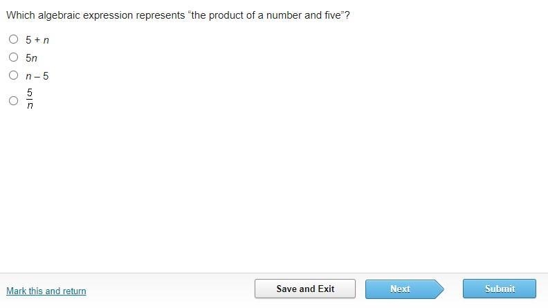 Which algebraic expression represents “the product of a number and five”?-example-1