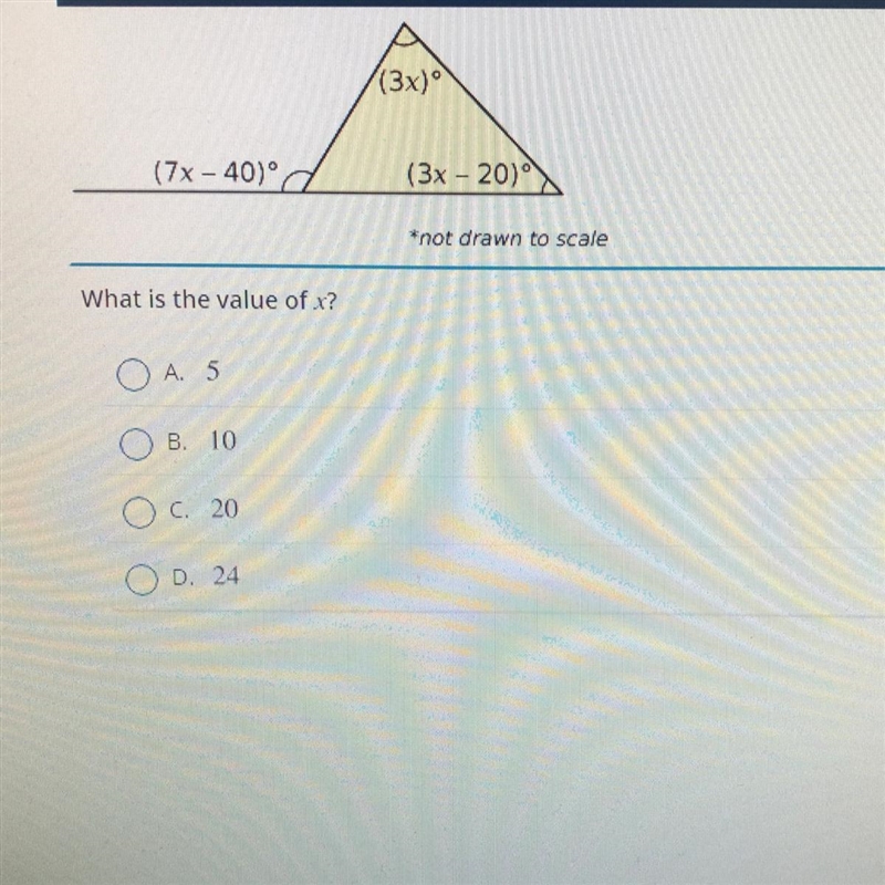 What is the value of x? A 5 B. 10 20 D. 24-example-1